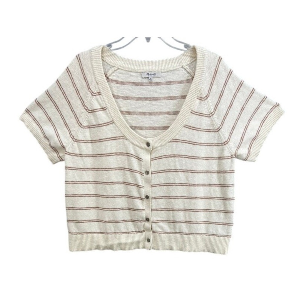 Madewell‎ Cardigan Sweater Women XL Short Sleeve Cotton Striped Knit Cream Brown